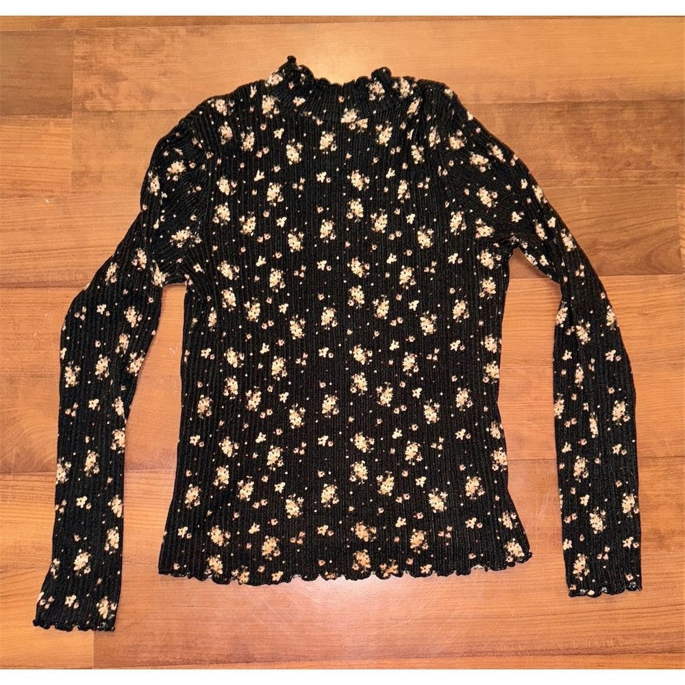 Belle Du Jour Women Black Floral Mock Neck Long Sleeve Blouse M feminine capsule